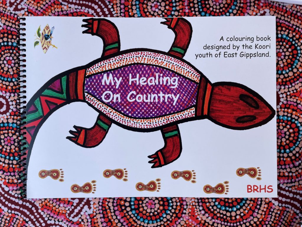 The cover of a colouring book called My Healing On Country features an Aboriginal design with a lizard. Its back has a purple and white cross-hatched design surrounded by a band of small red, black and orange spots on a white background. Its head is a deep red colour and its legs and tail have red, green, orange and purple elements. A series of stylised human footprints in a gold and red indigenous design run along the botton of the page. Type on the page reads, "My Healing On Country, a colouring book designed by the Koori youth of East Gippsland.