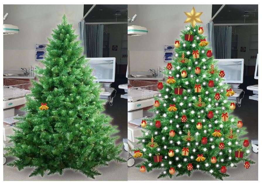 Picture shows two virtual Christmas trees in a maternity unit. One is almost bare of decorations, and the other is brightly decorated with lights, red and gold baubles and a gold six-pointed star on the top.